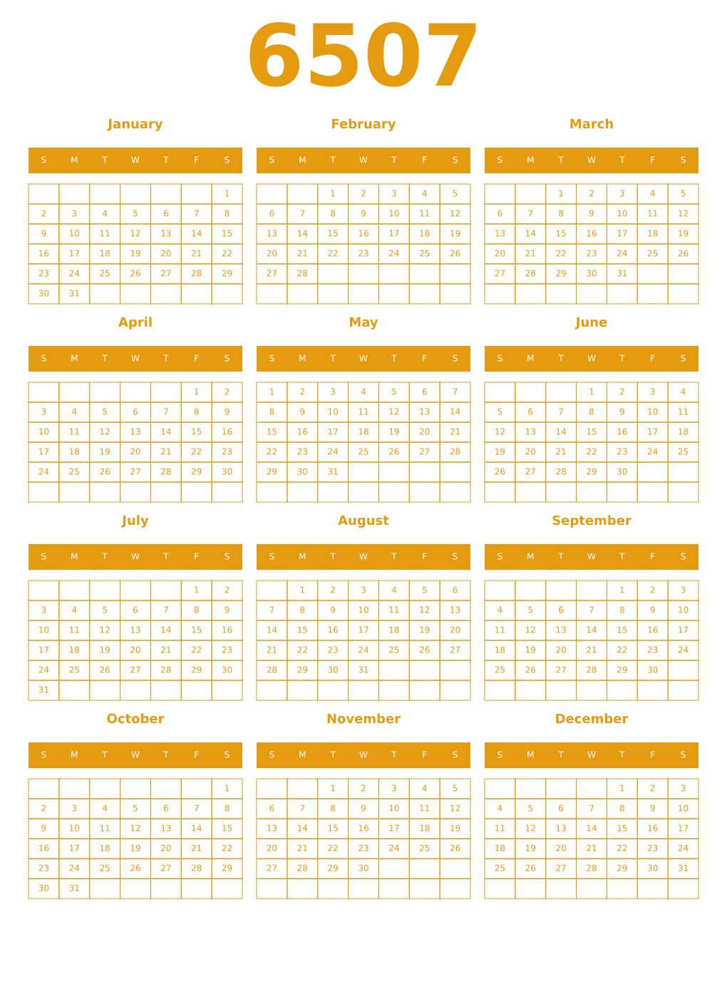 Printable 6507 Year Calendars gamboge