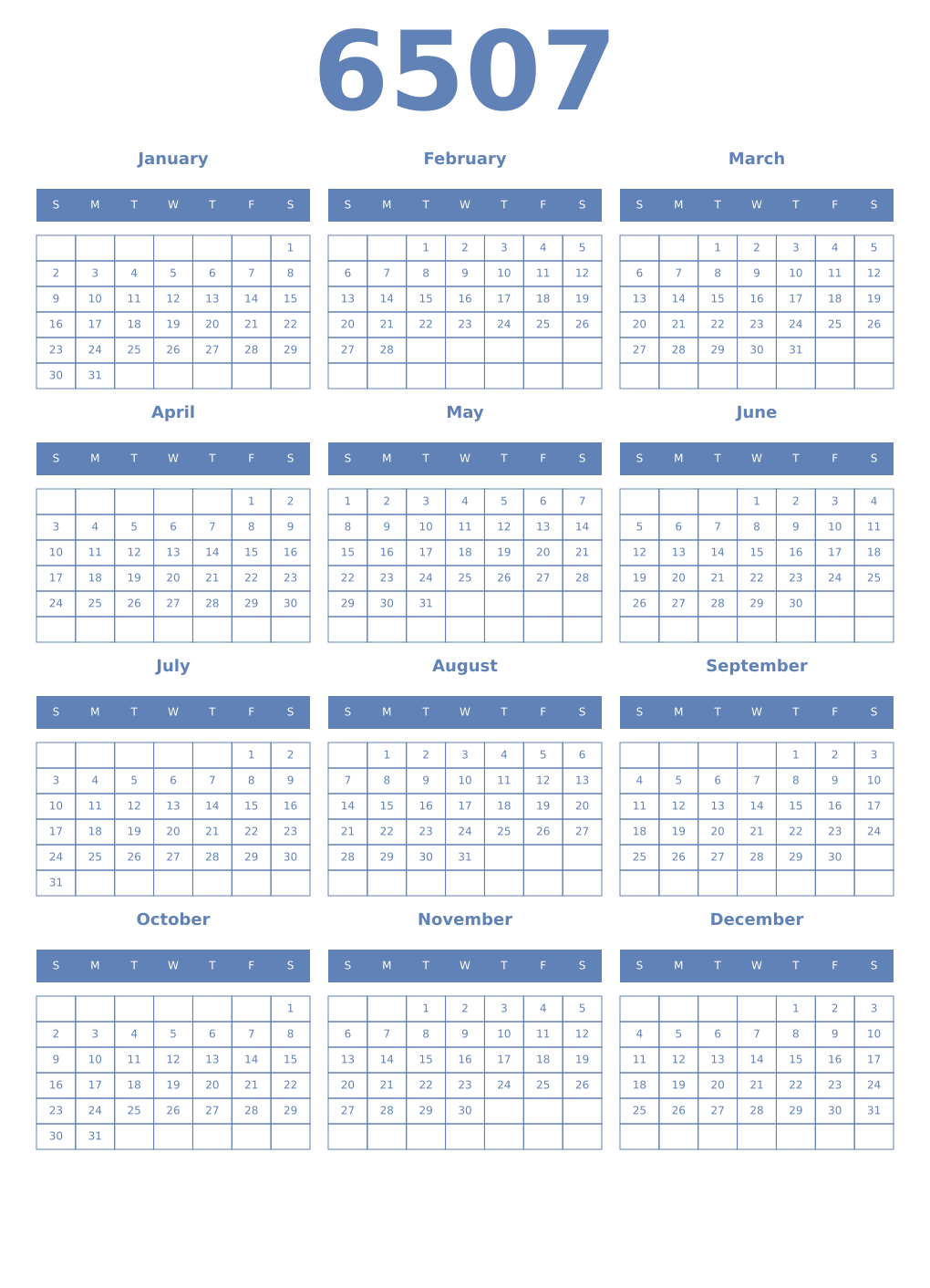 Printable 6507 Year Calendars glaucous