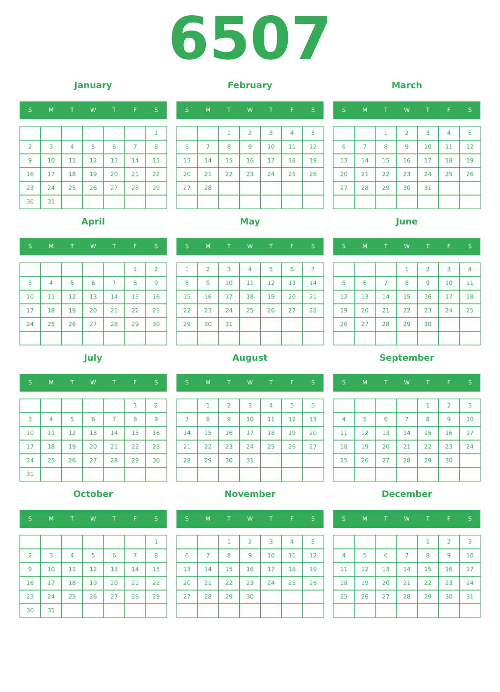 Printable 6507 Year Calendars green