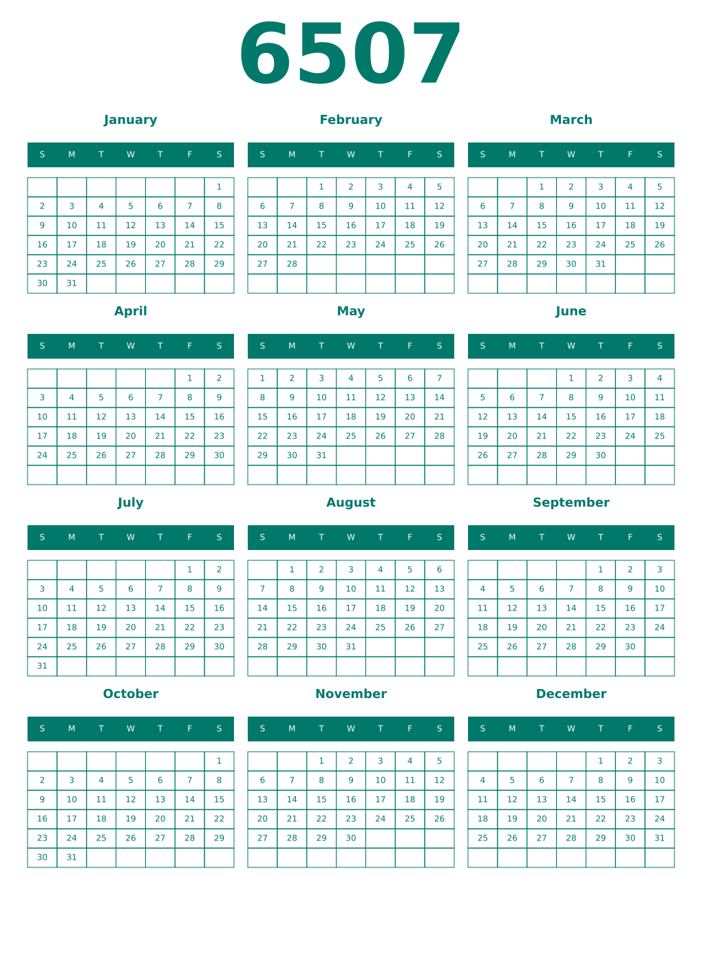 Printable 6507 Year Calendars pastel