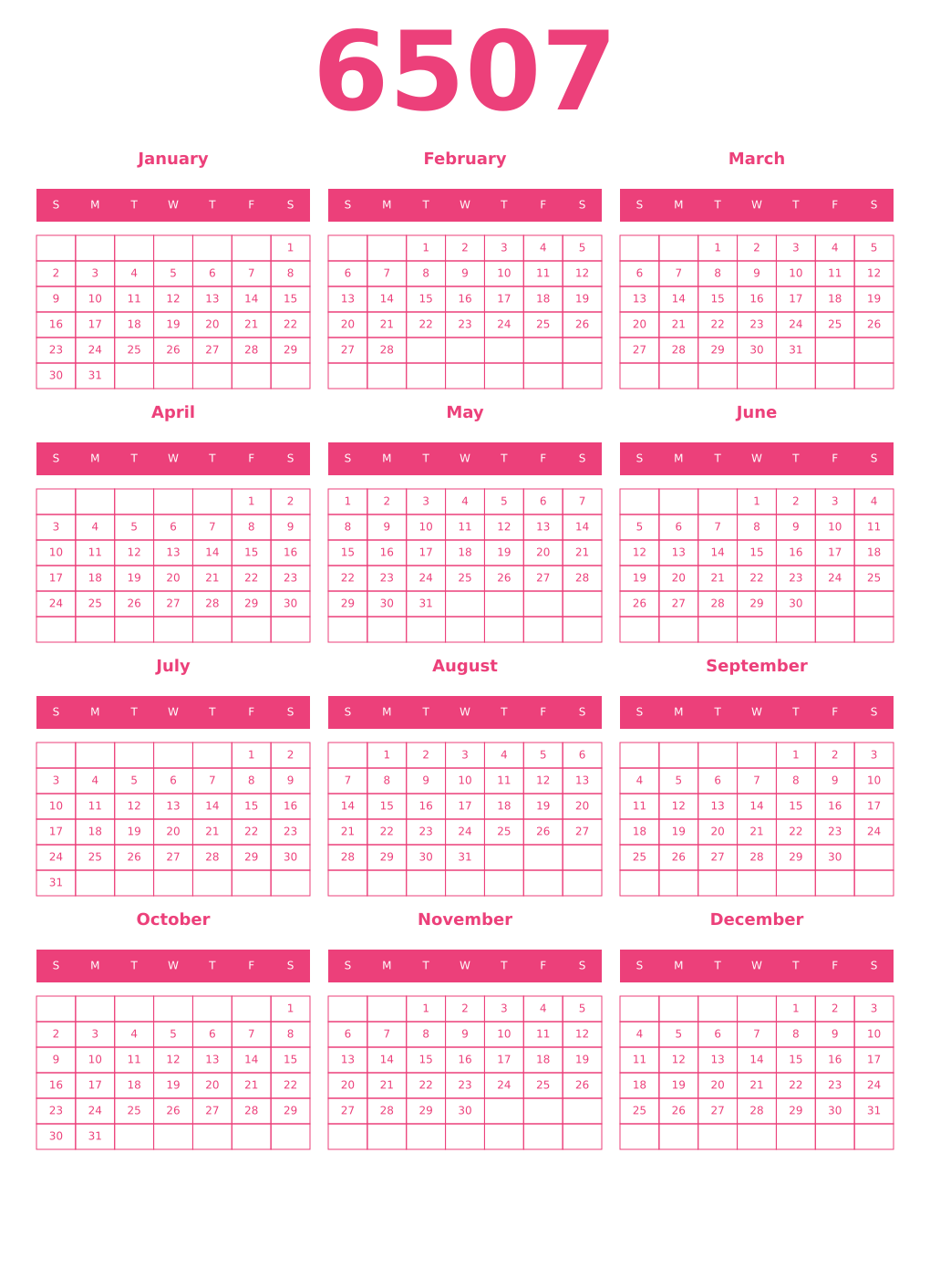 Printable 6507 Year Calendars pink