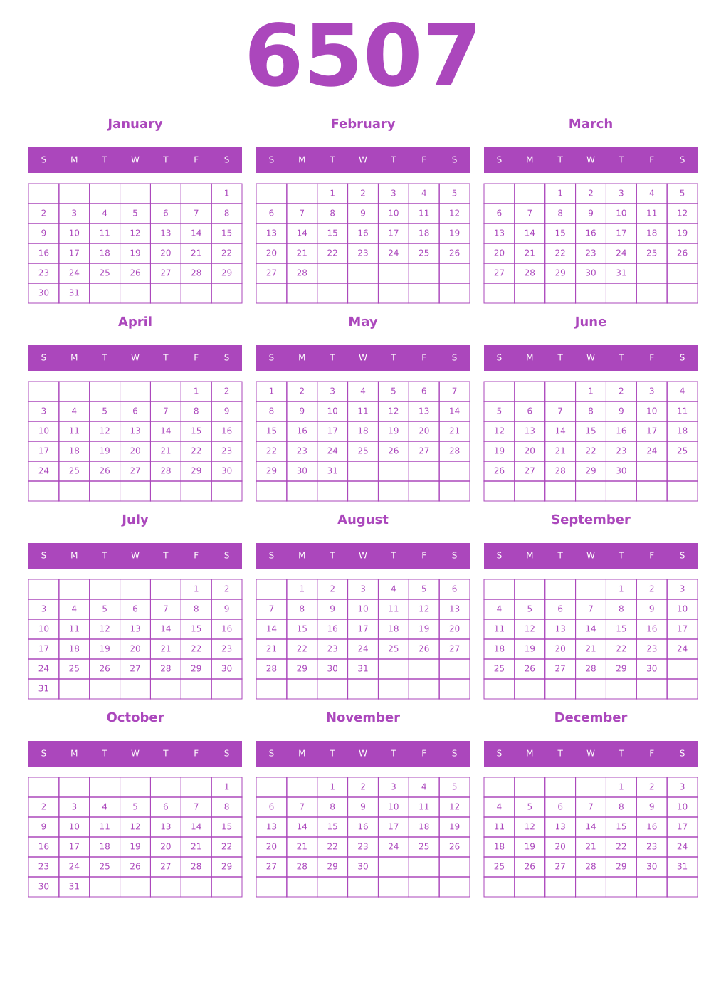 Printable 6507 Year Calendars purple