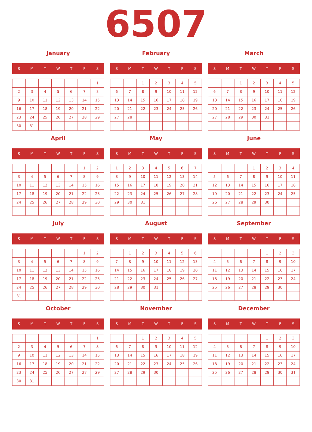 Printable 6507 Year Calendars red
