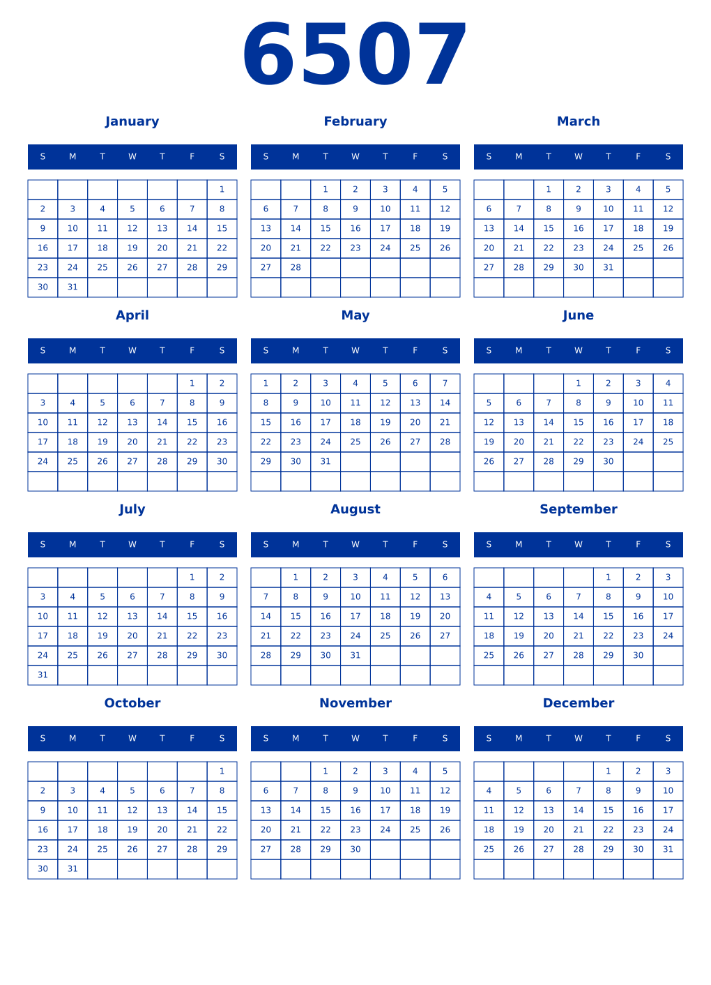 Printable 6507 Year Calendars smalt