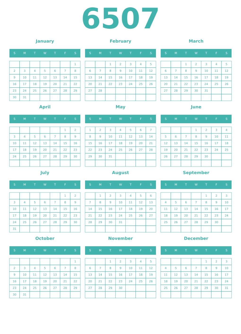 Printable 6507 Year Calendars verdigris