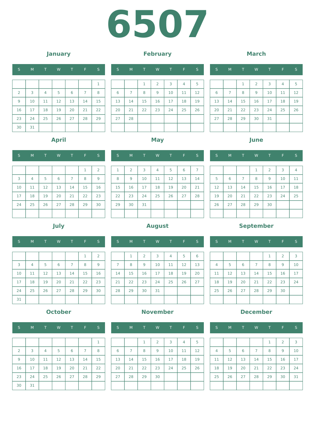 Printable 6507 Year Calendars viridian