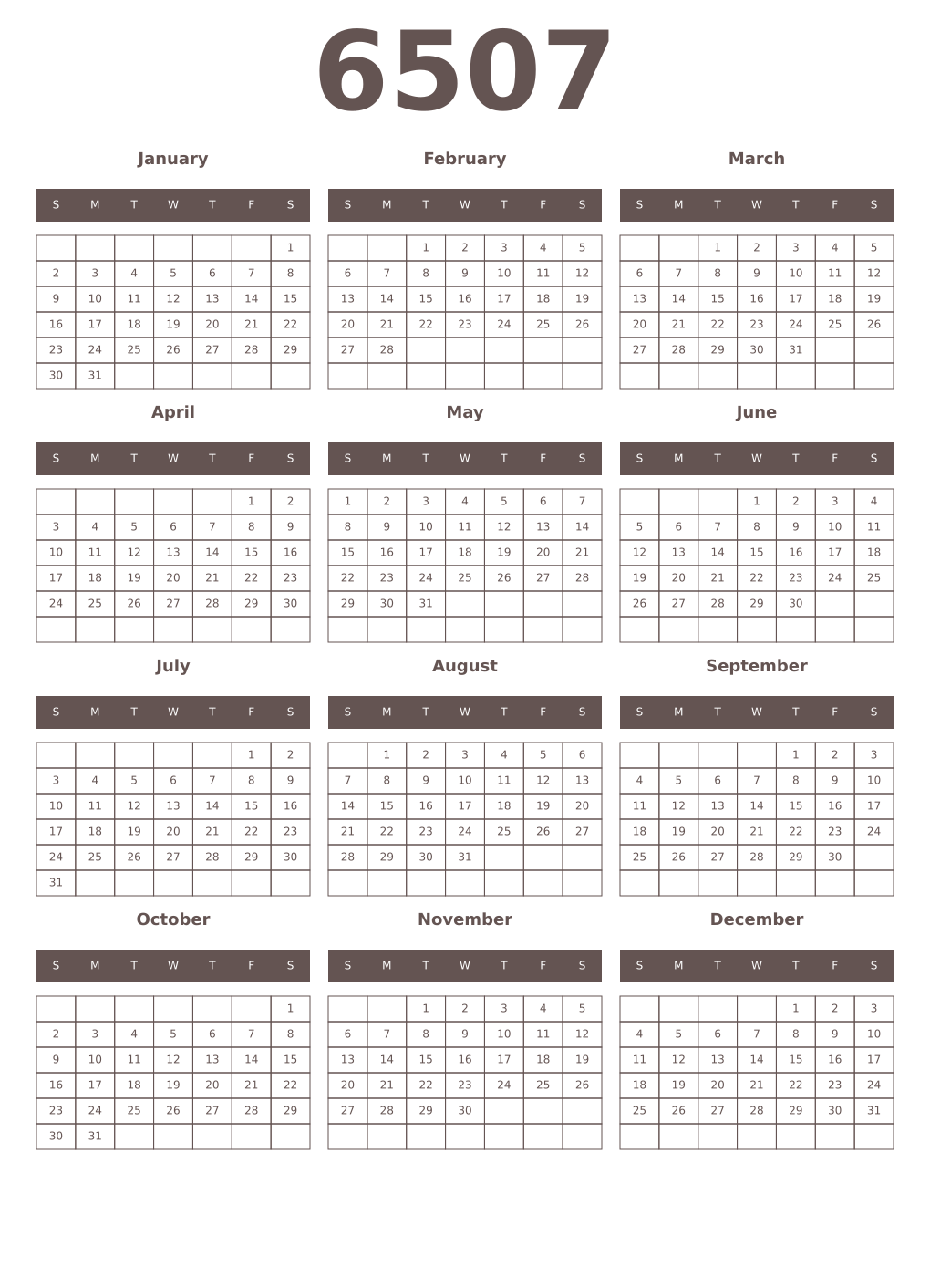 Printable 6507 Year Calendars wenge
