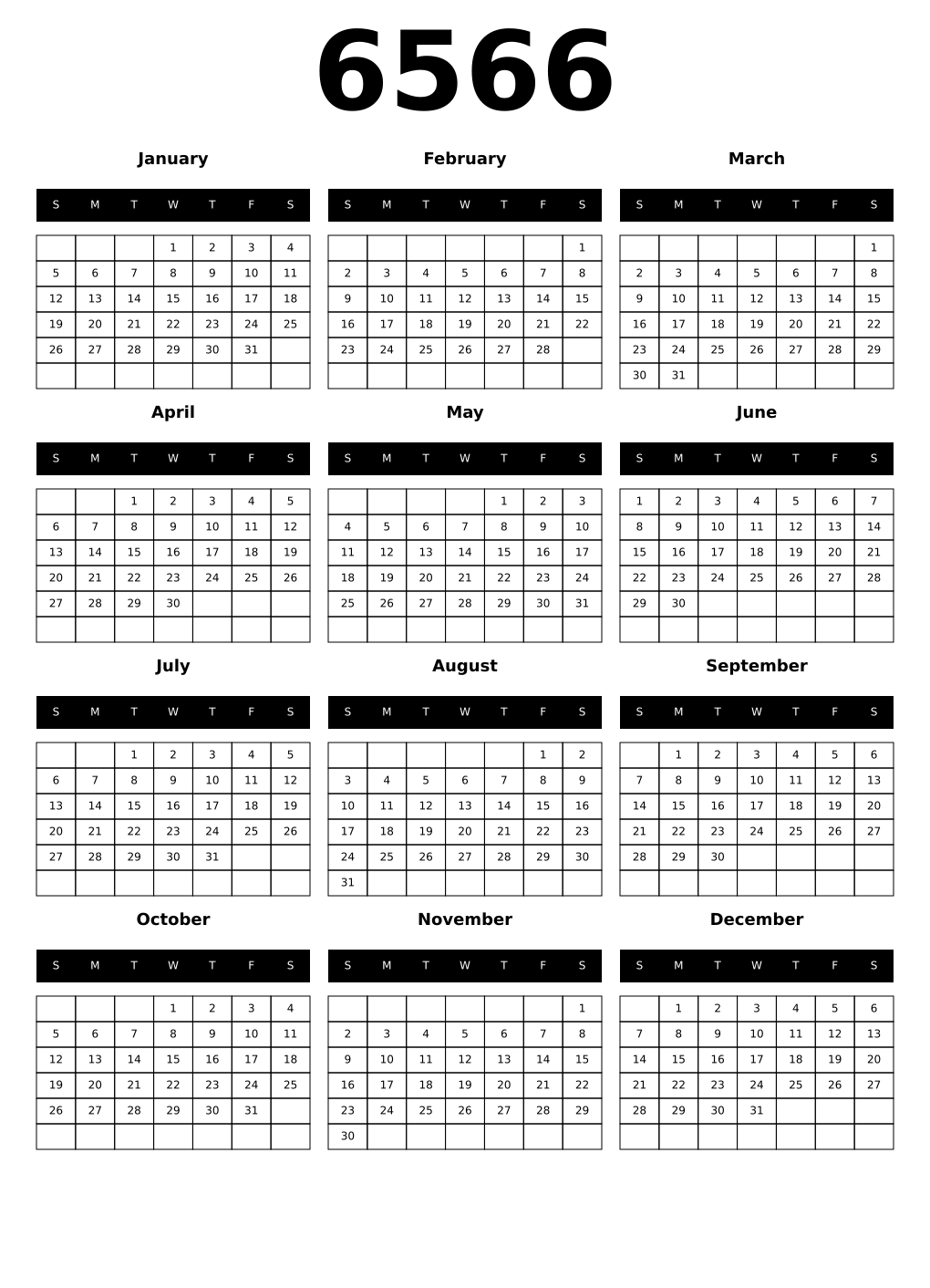 Printable 6566 Calendars