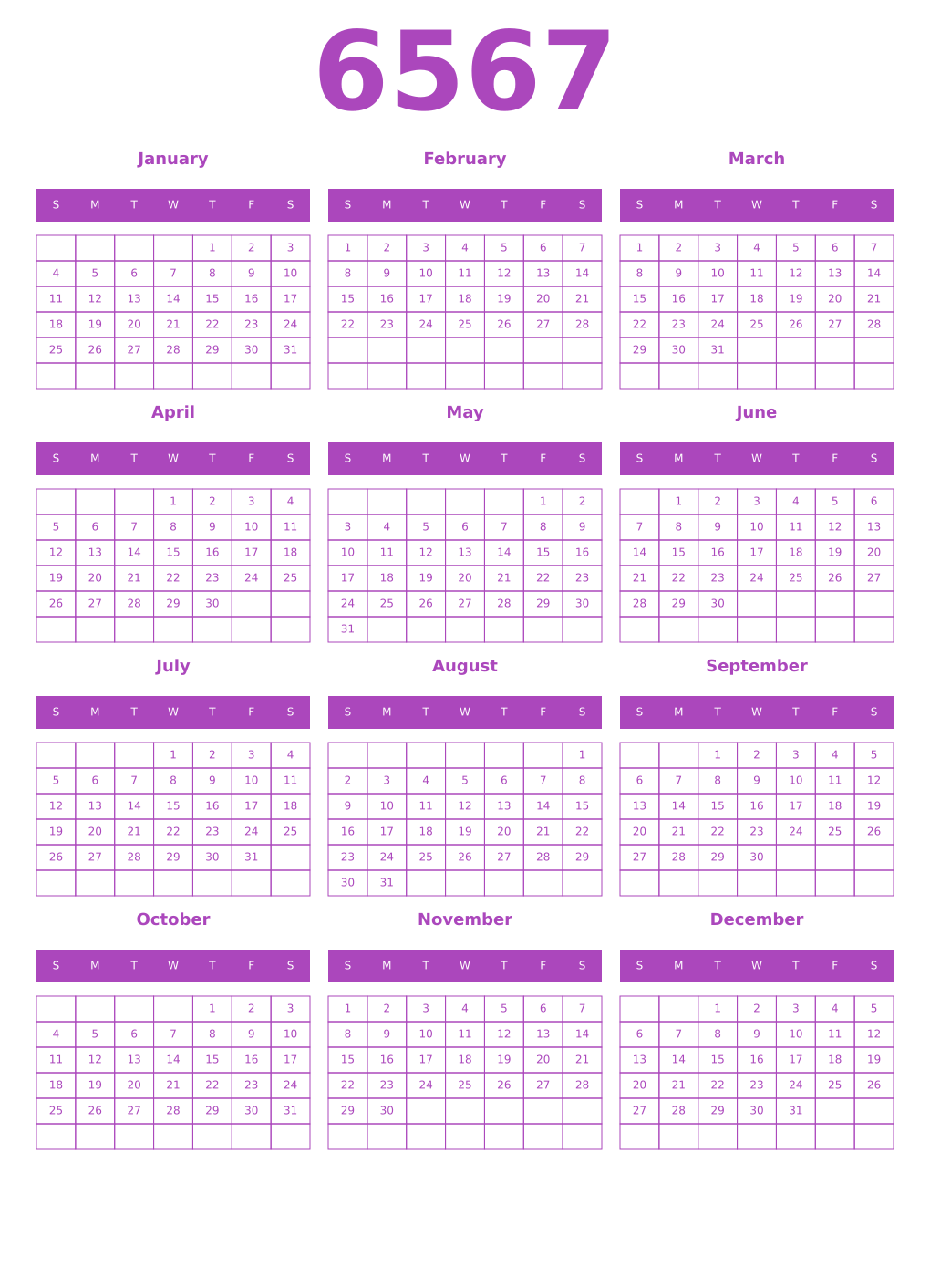 Printable 6567 Calendars