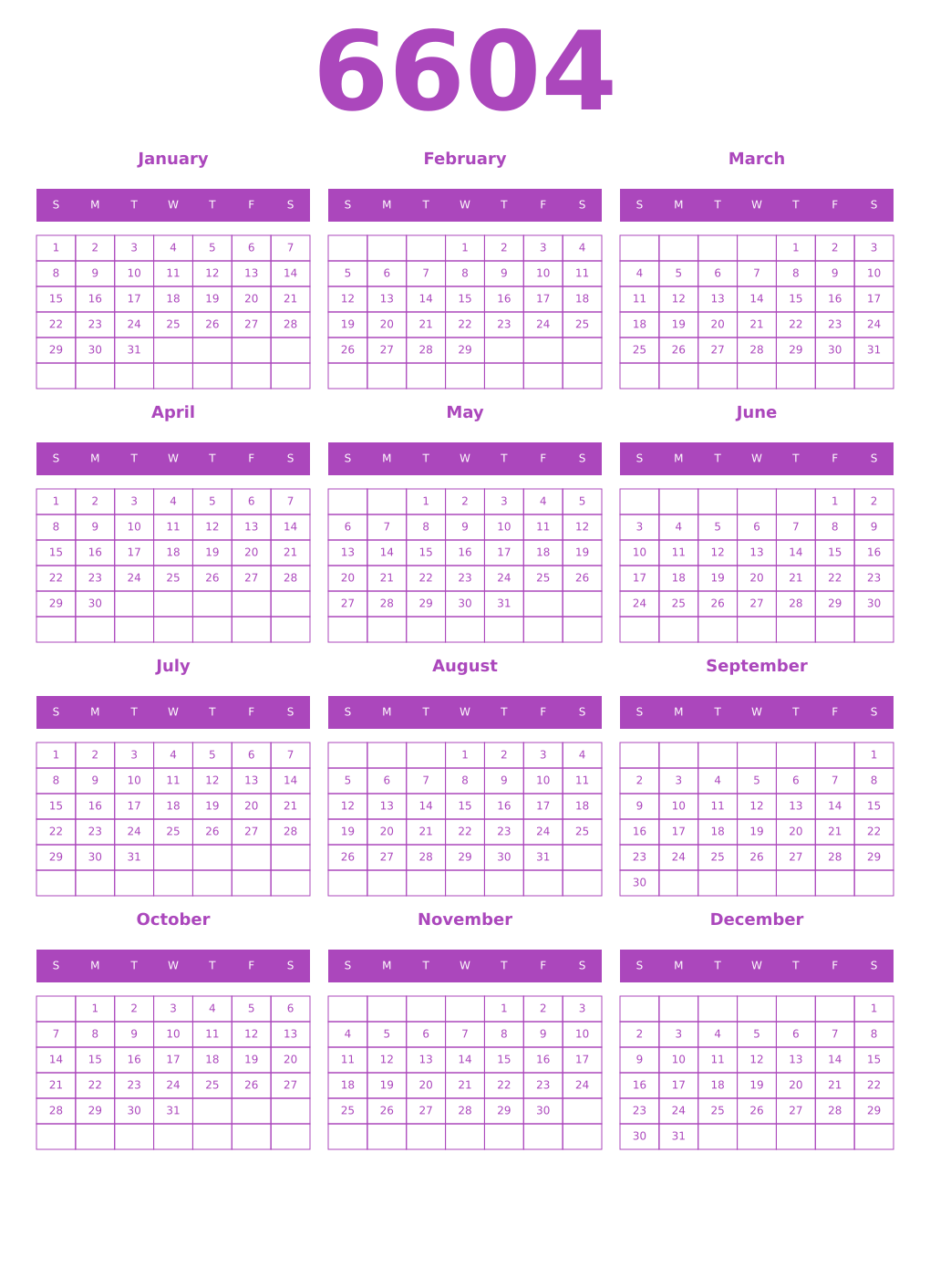 Printable 6604 Calendars