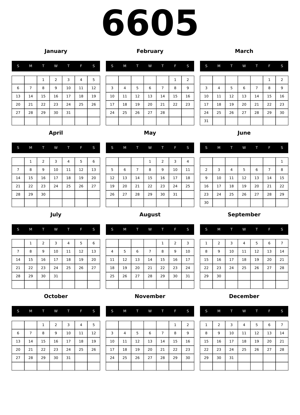 Printable 6605 Calendars