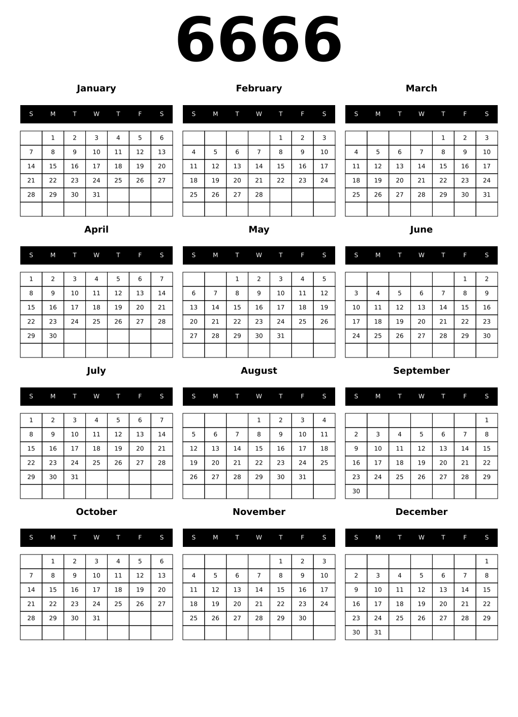Printable 6666 Calendars