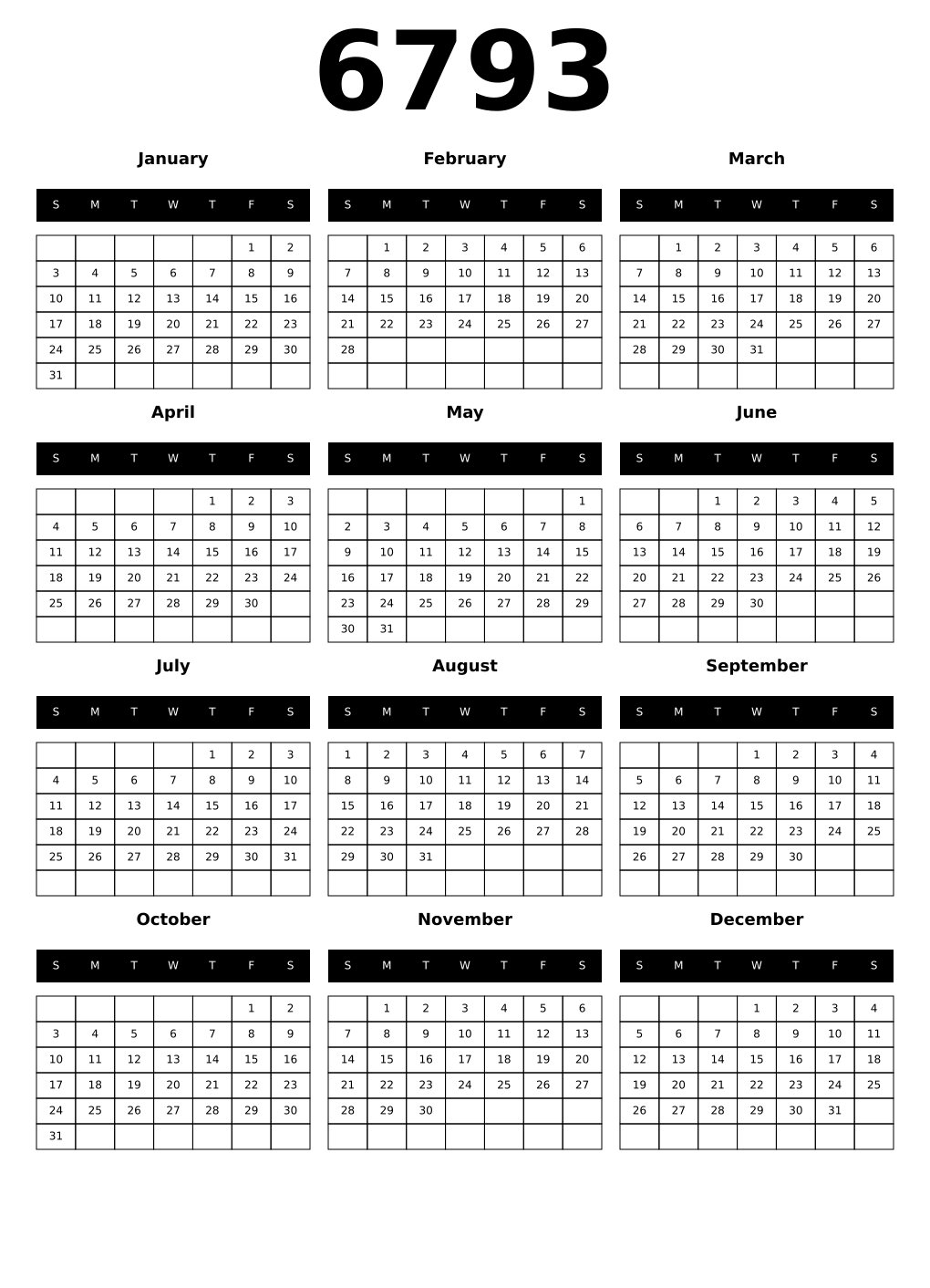 Printable 6793 Calendars