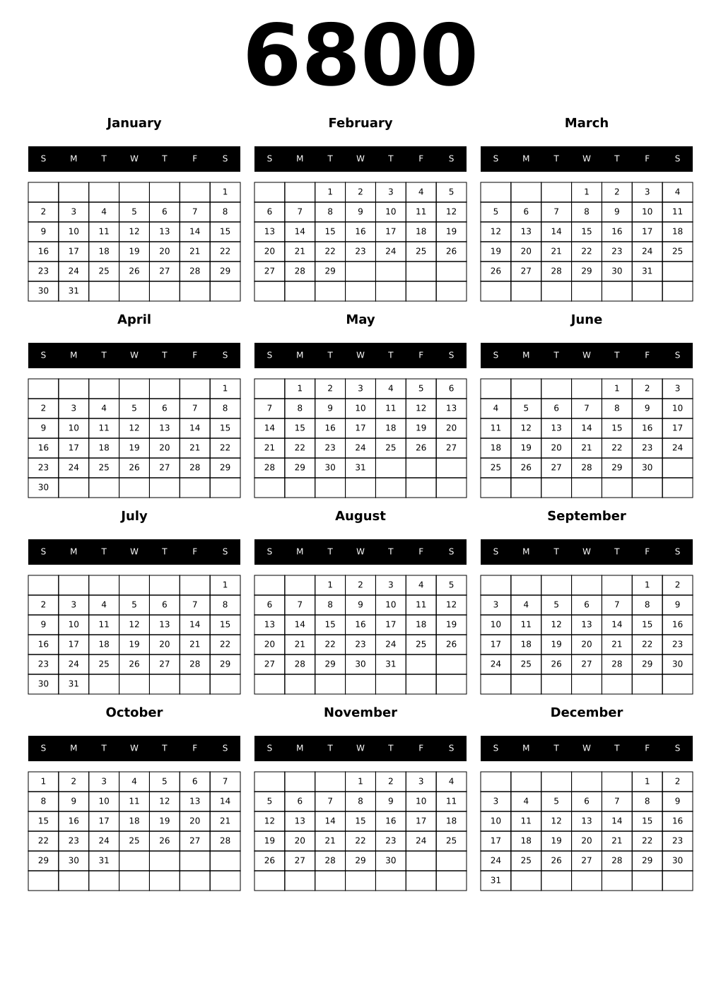 Printable 6800 Calendars