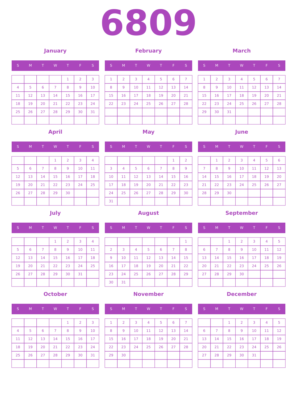 Printable 6809 Calendars