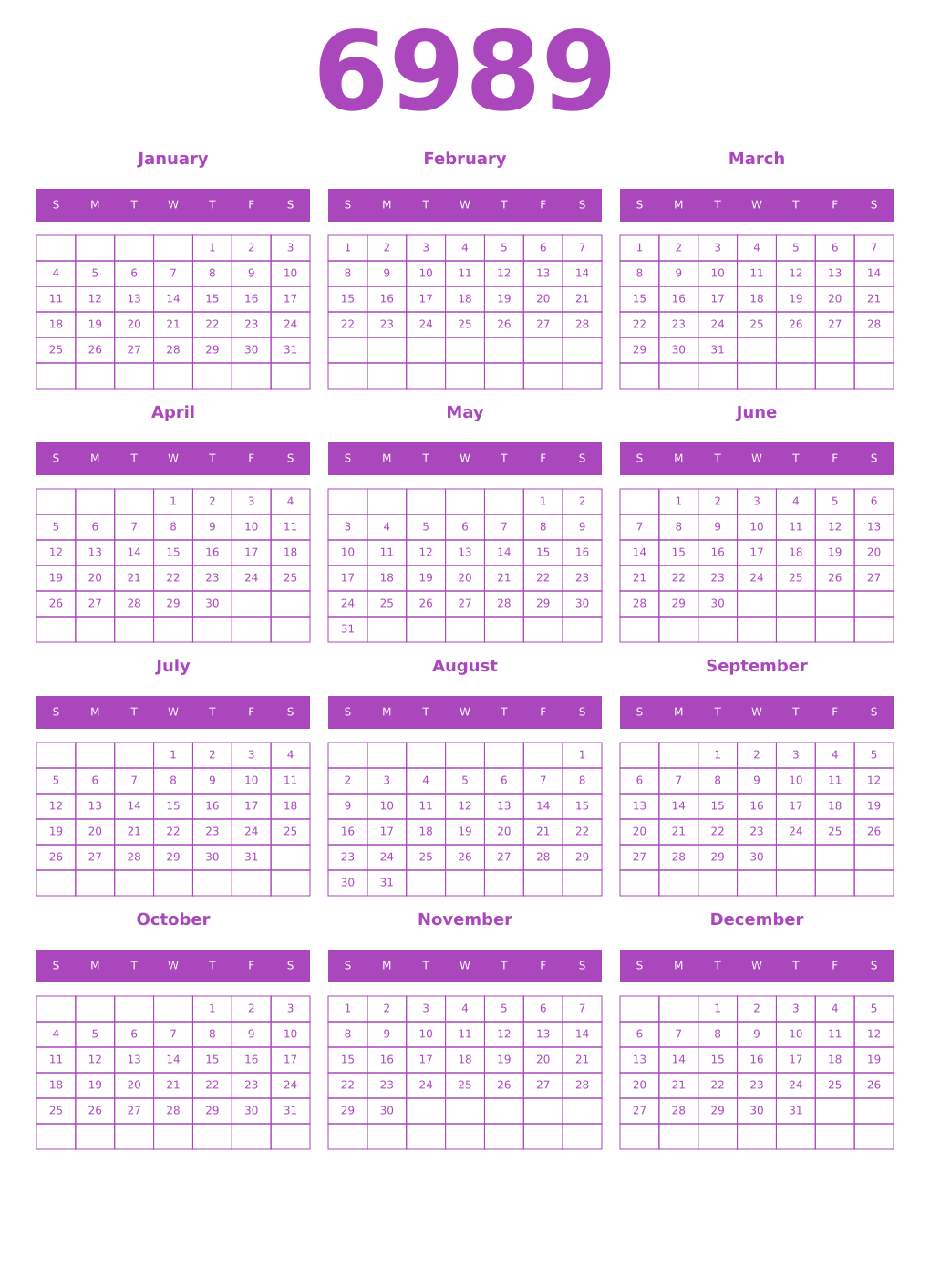 Printable 6989 Calendars
