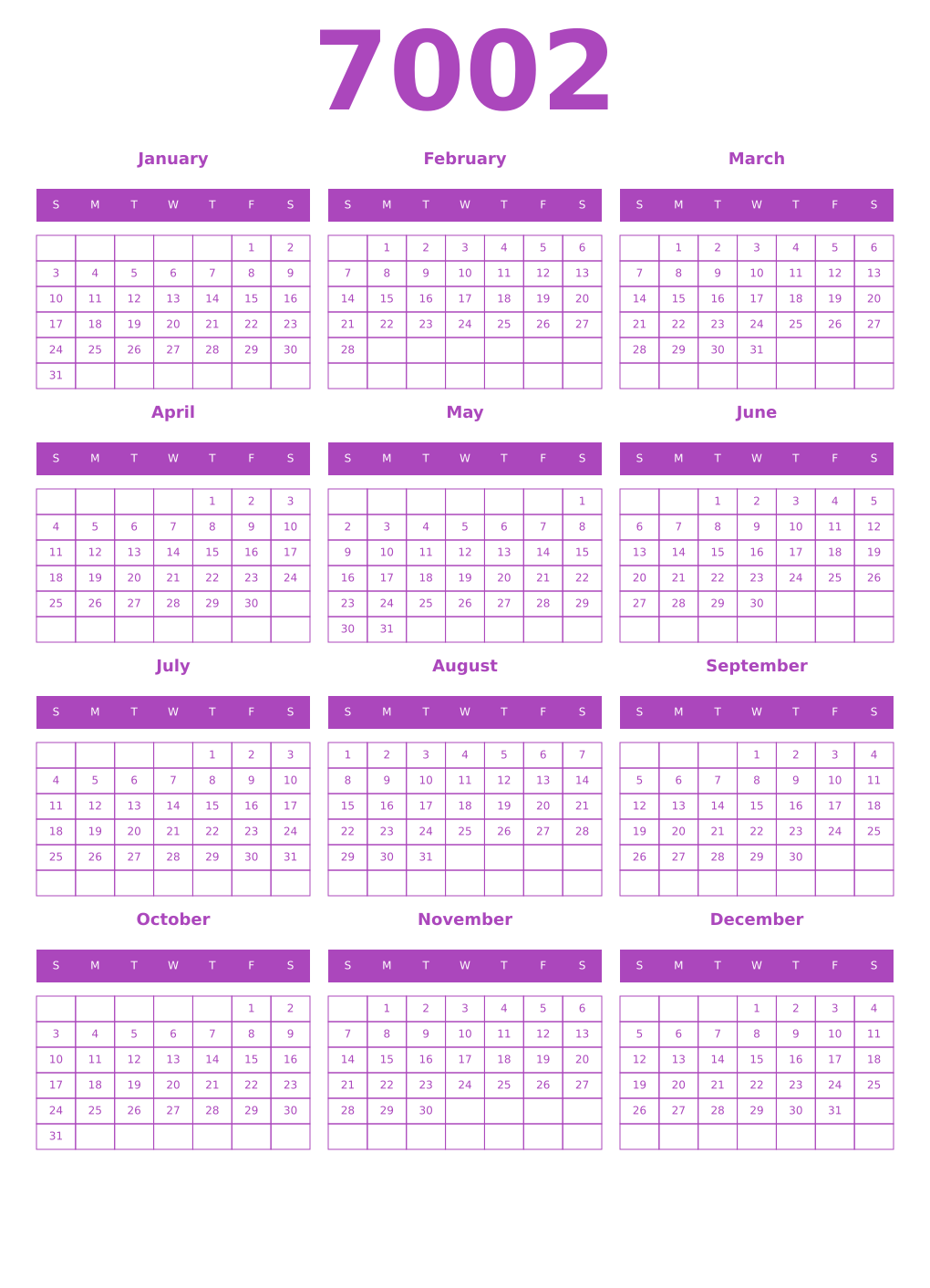 Printable 7002 Calendars