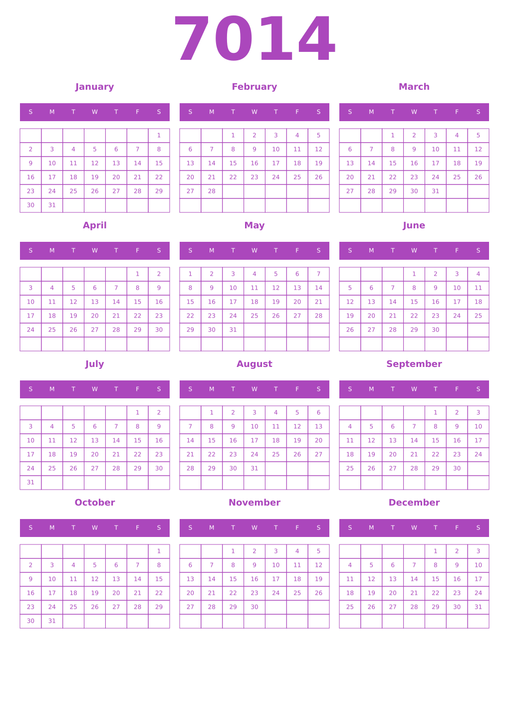 Printable 7014 Calendars
