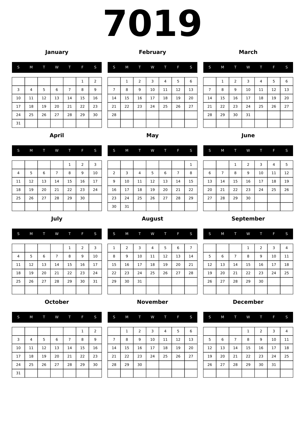 Printable 7019 Calendars