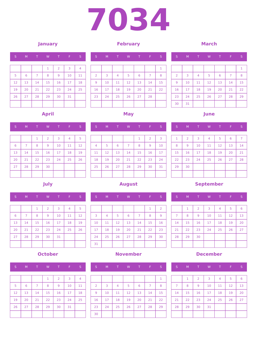 Printable 7034 Calendars