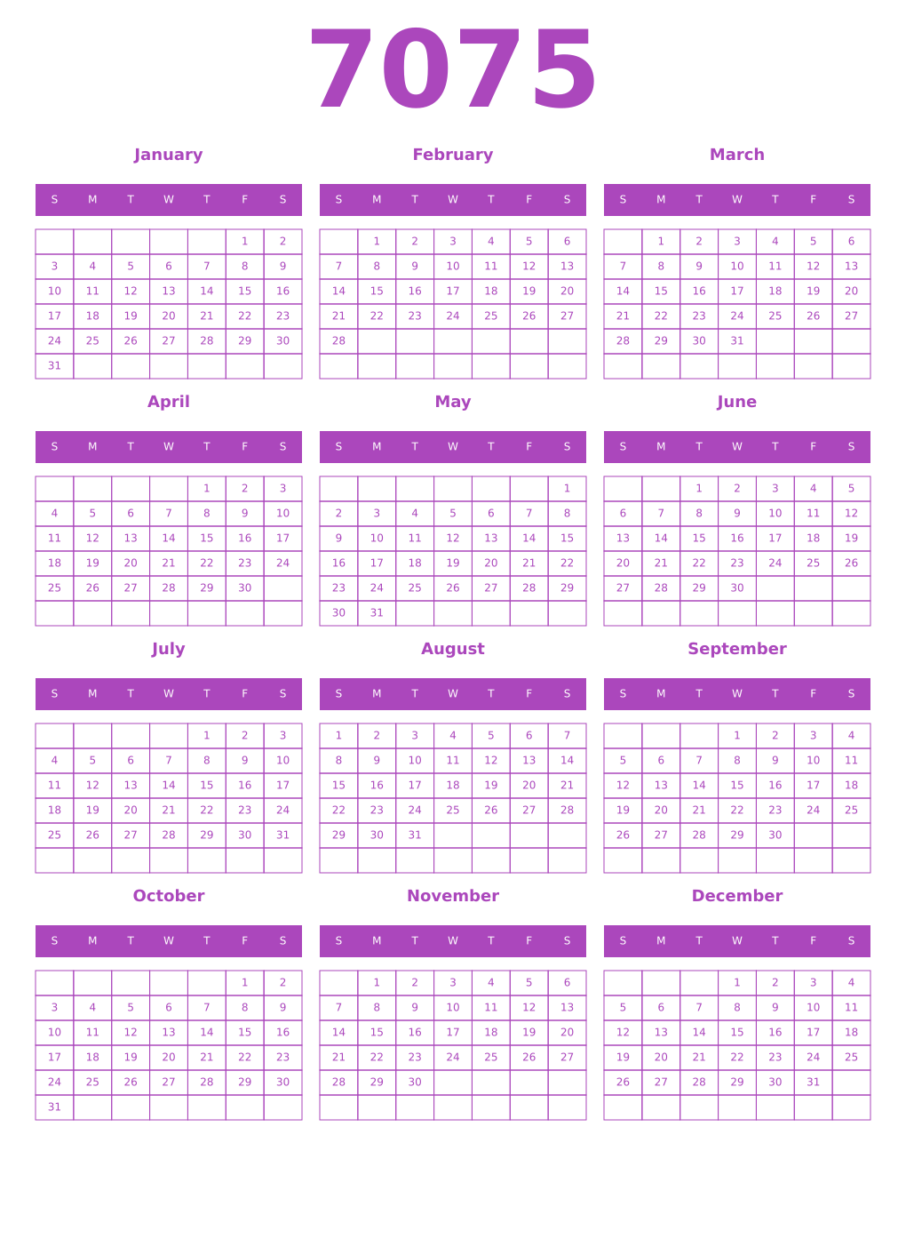 Printable 7075 Calendars