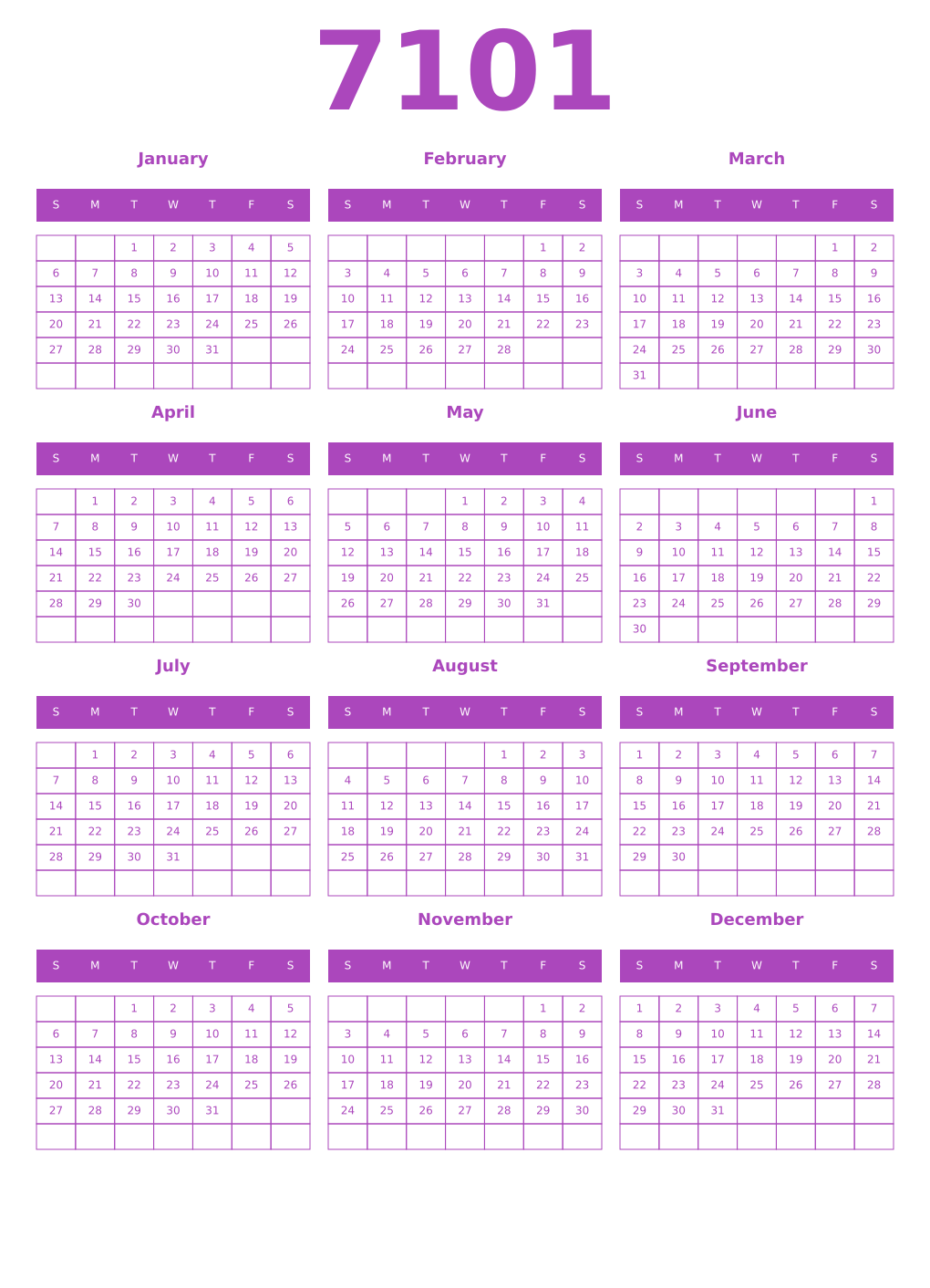 Printable 7101 Calendars