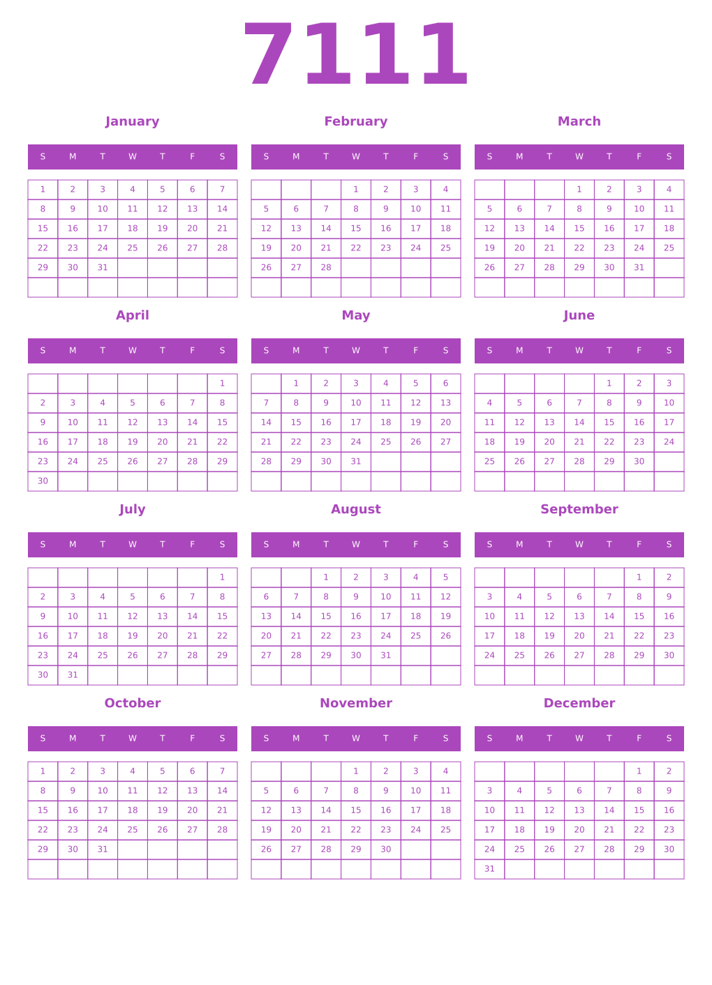 Printable 7111 Calendars