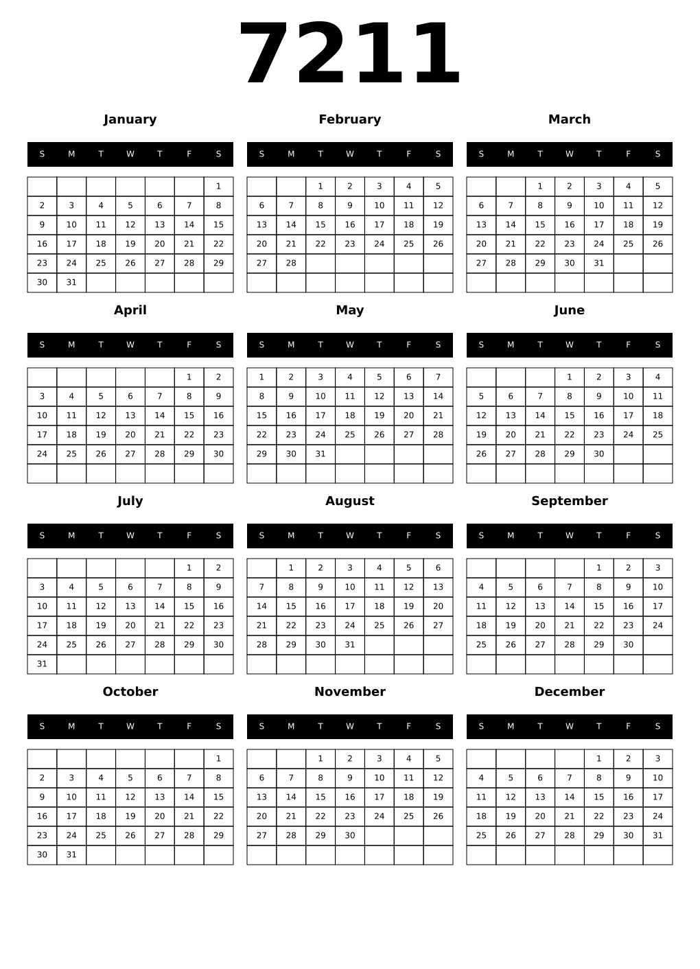 Printable 7211 Calendars