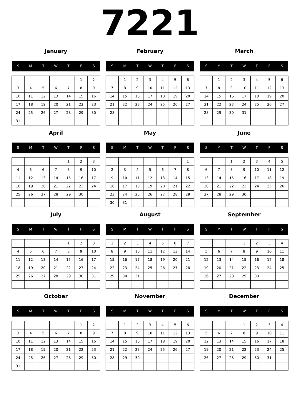 Printable 7221 Calendars