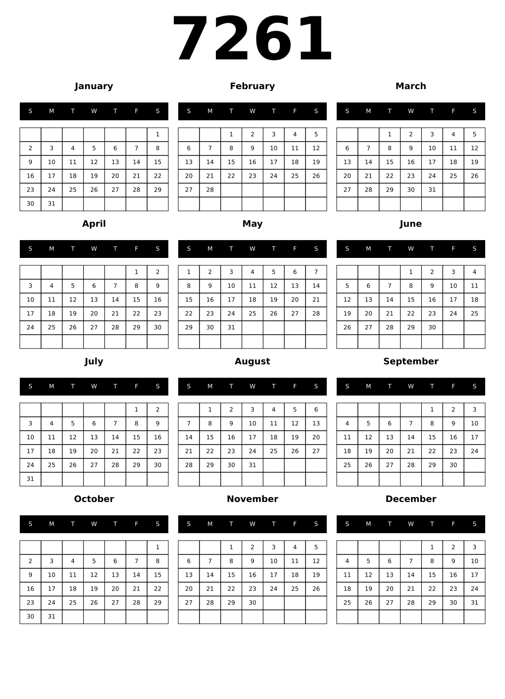 Printable 7261 Calendars
