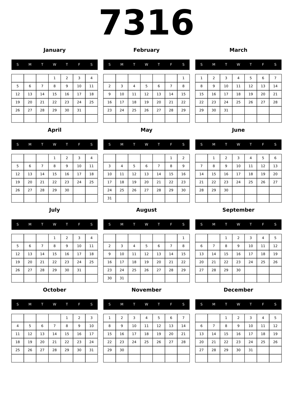 Printable 7316 Calendars