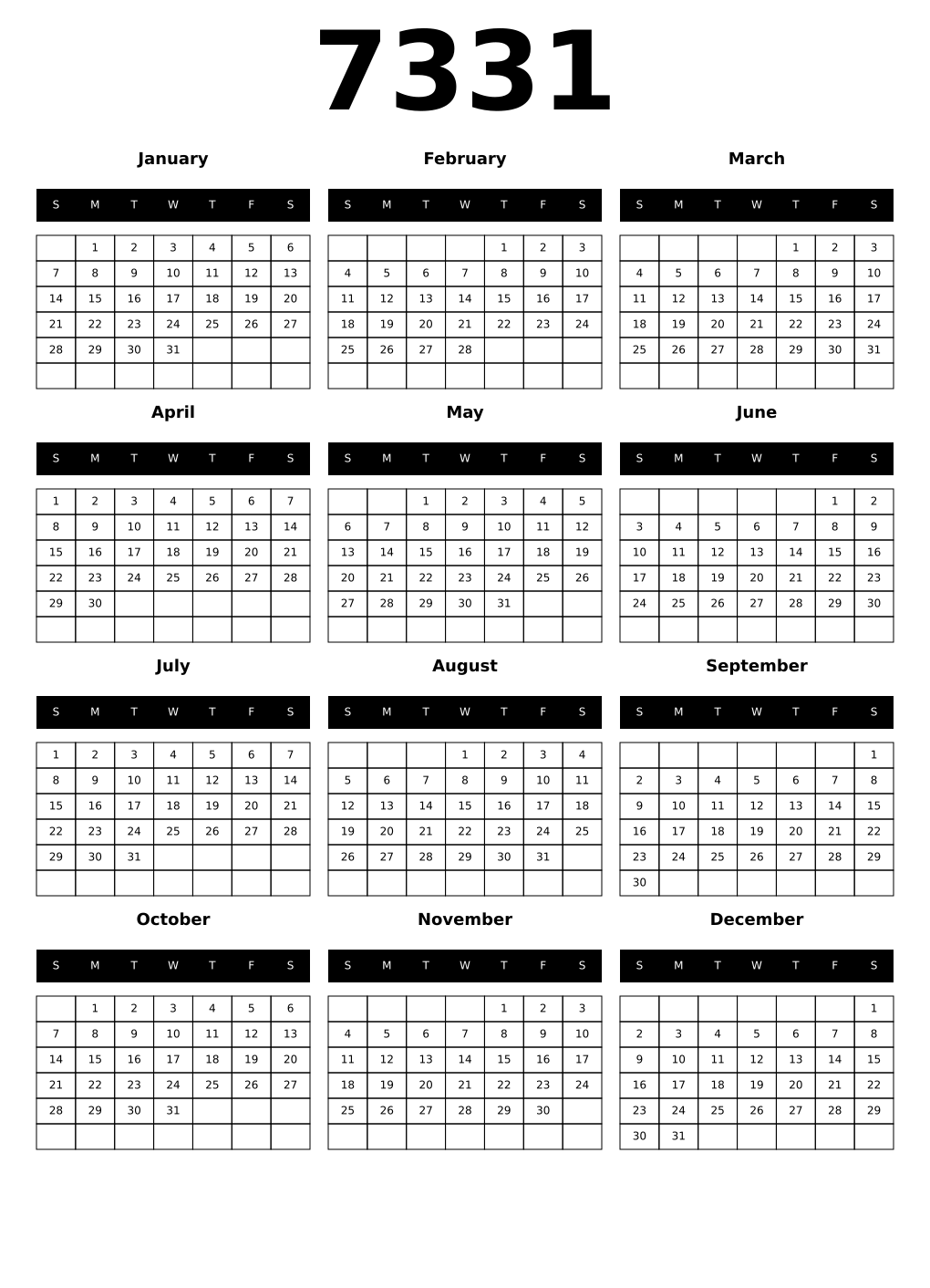 Printable 7331 Calendars