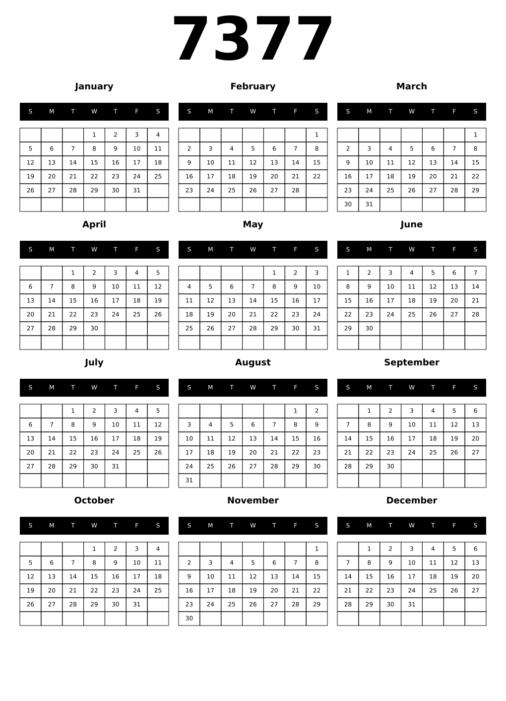 Printable 7377 Calendars