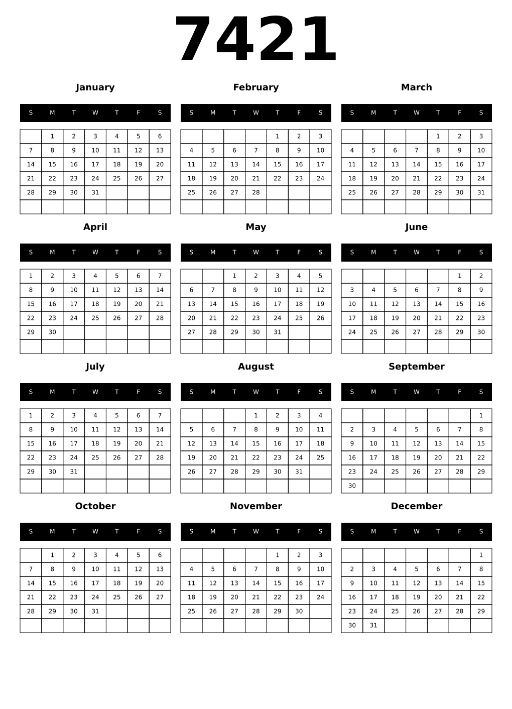 Printable 7421 Calendars