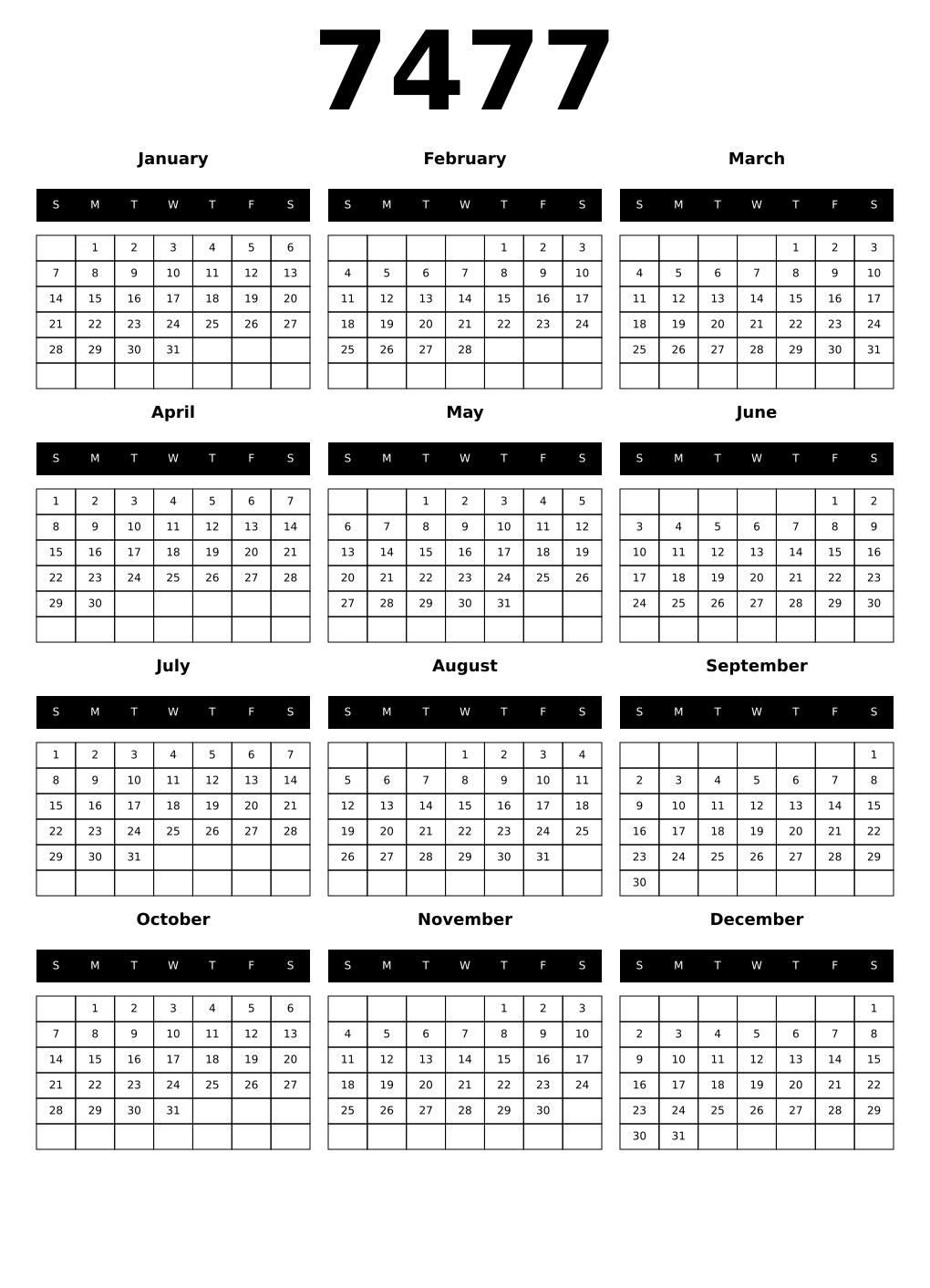 Printable 7477 Calendars