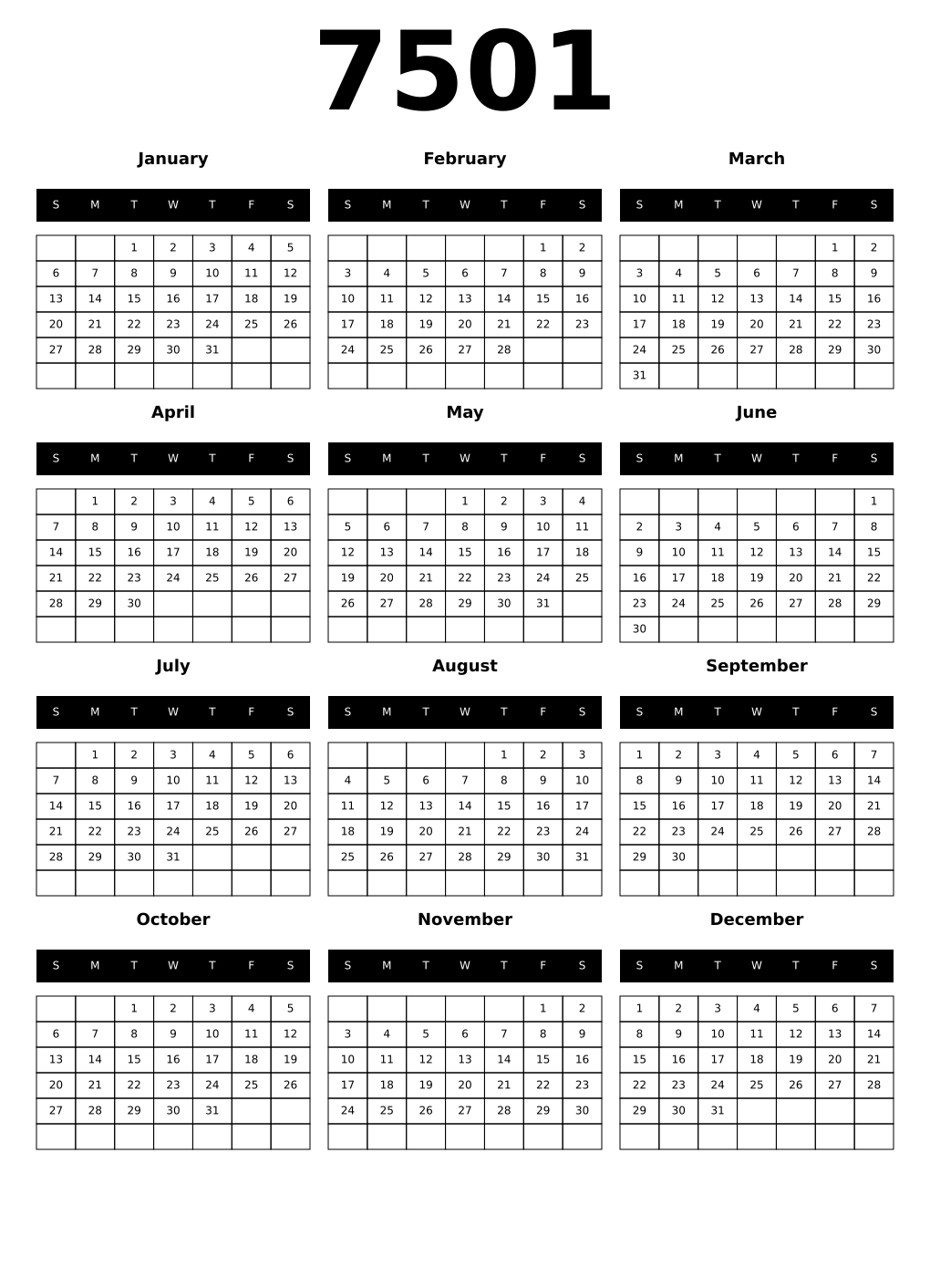 Printable 7501 Calendars
