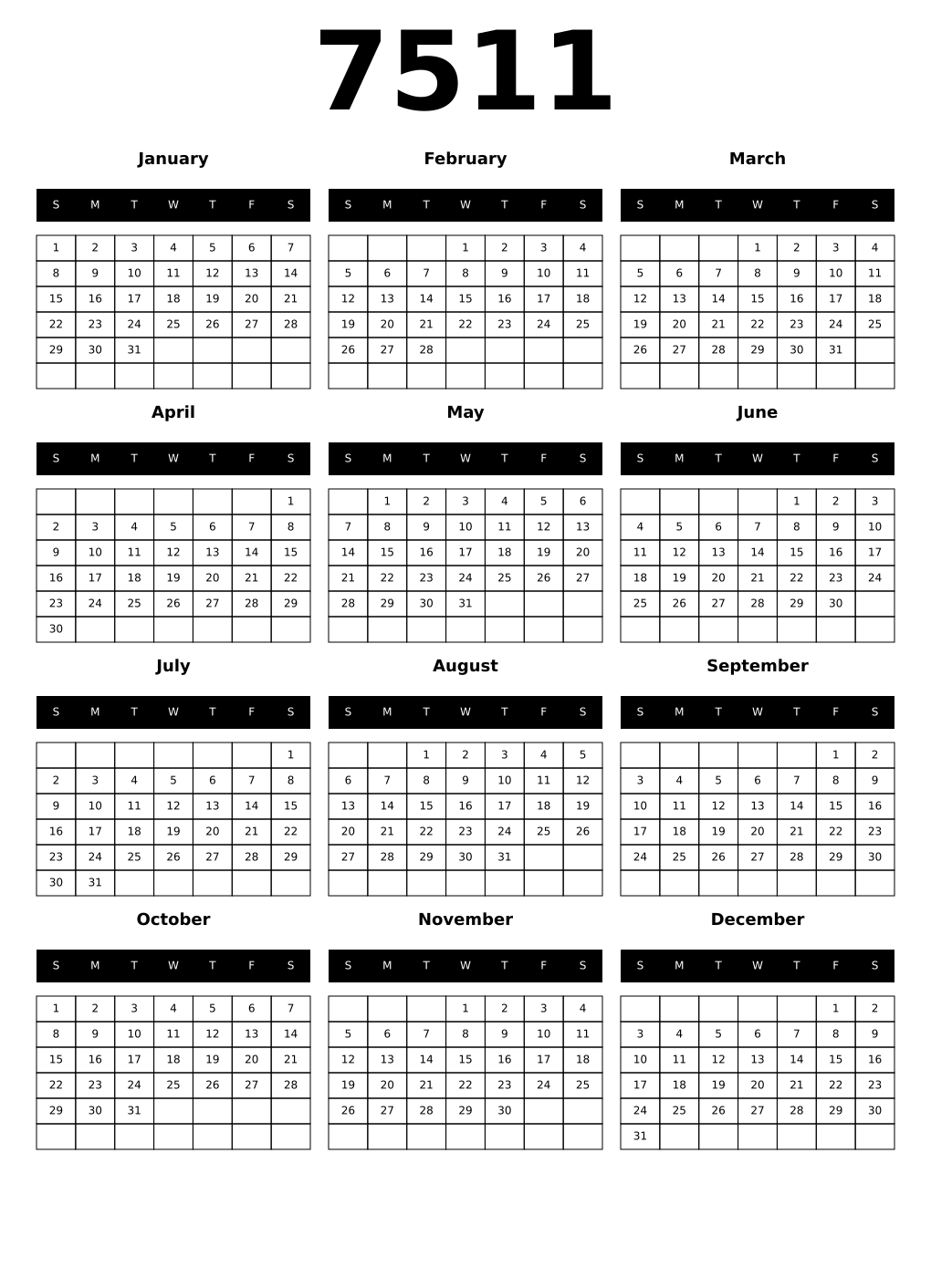 Printable 7511 Calendars