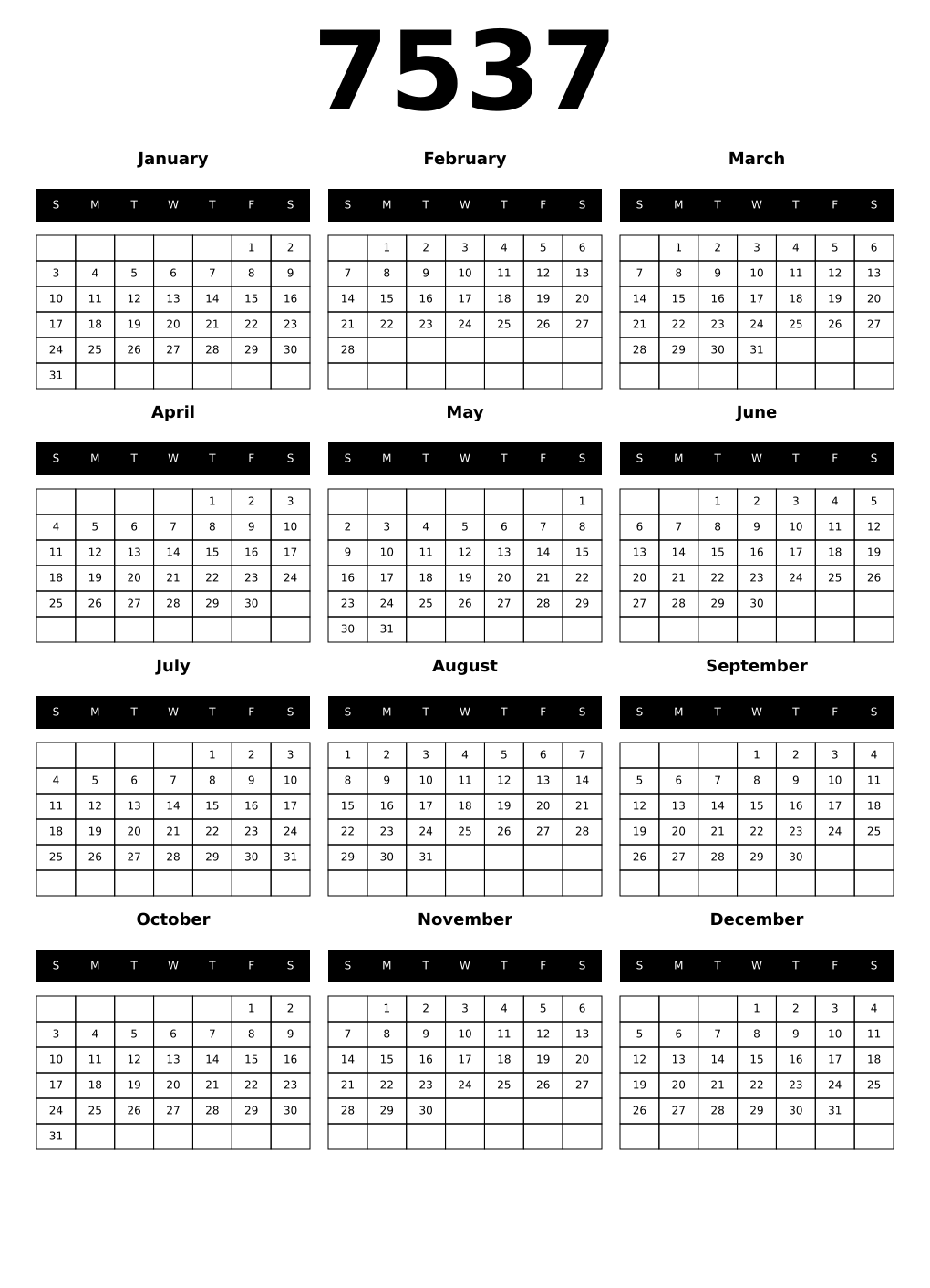 Printable 7537 Calendars