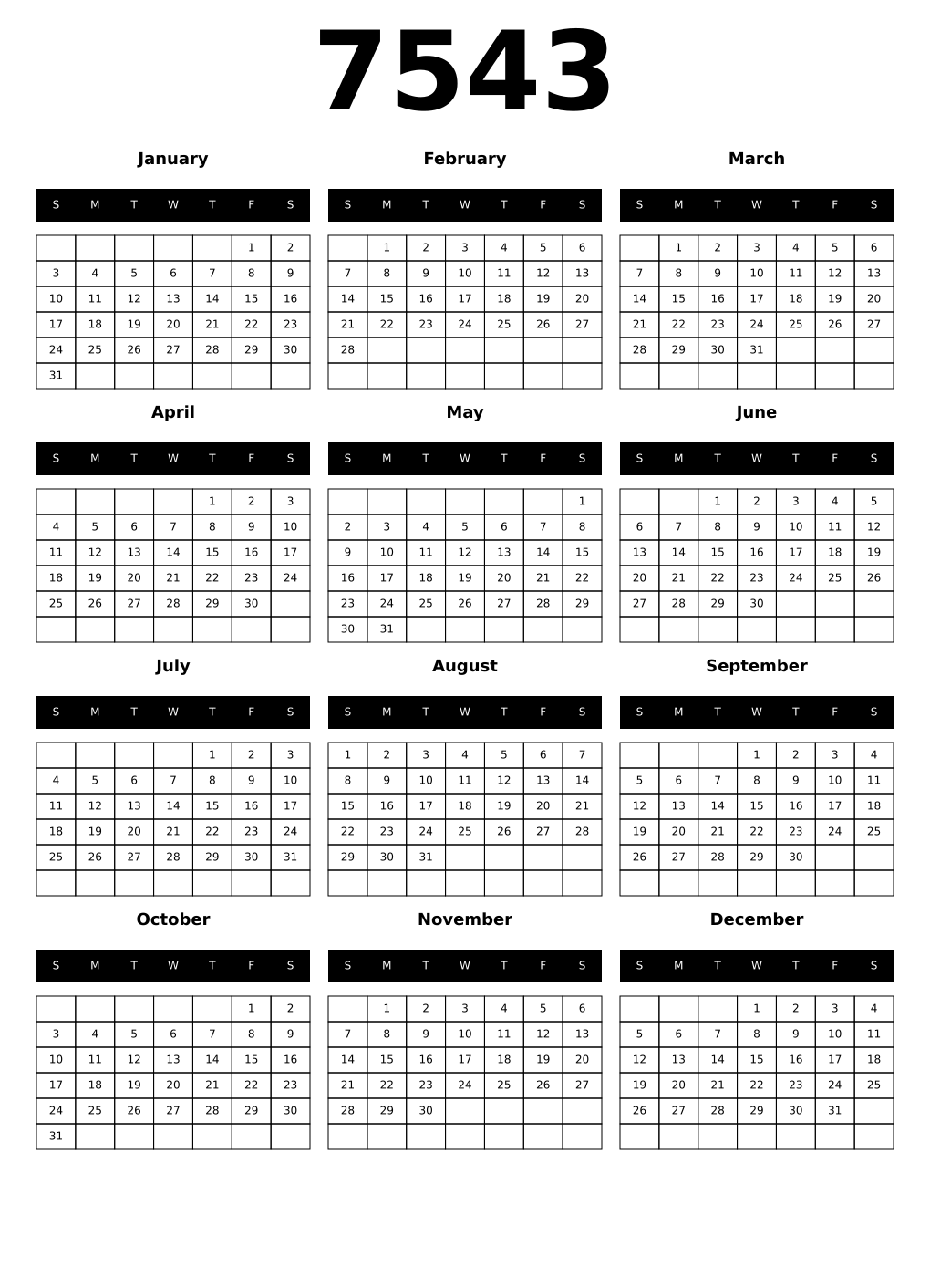 Printable 7543 Calendars