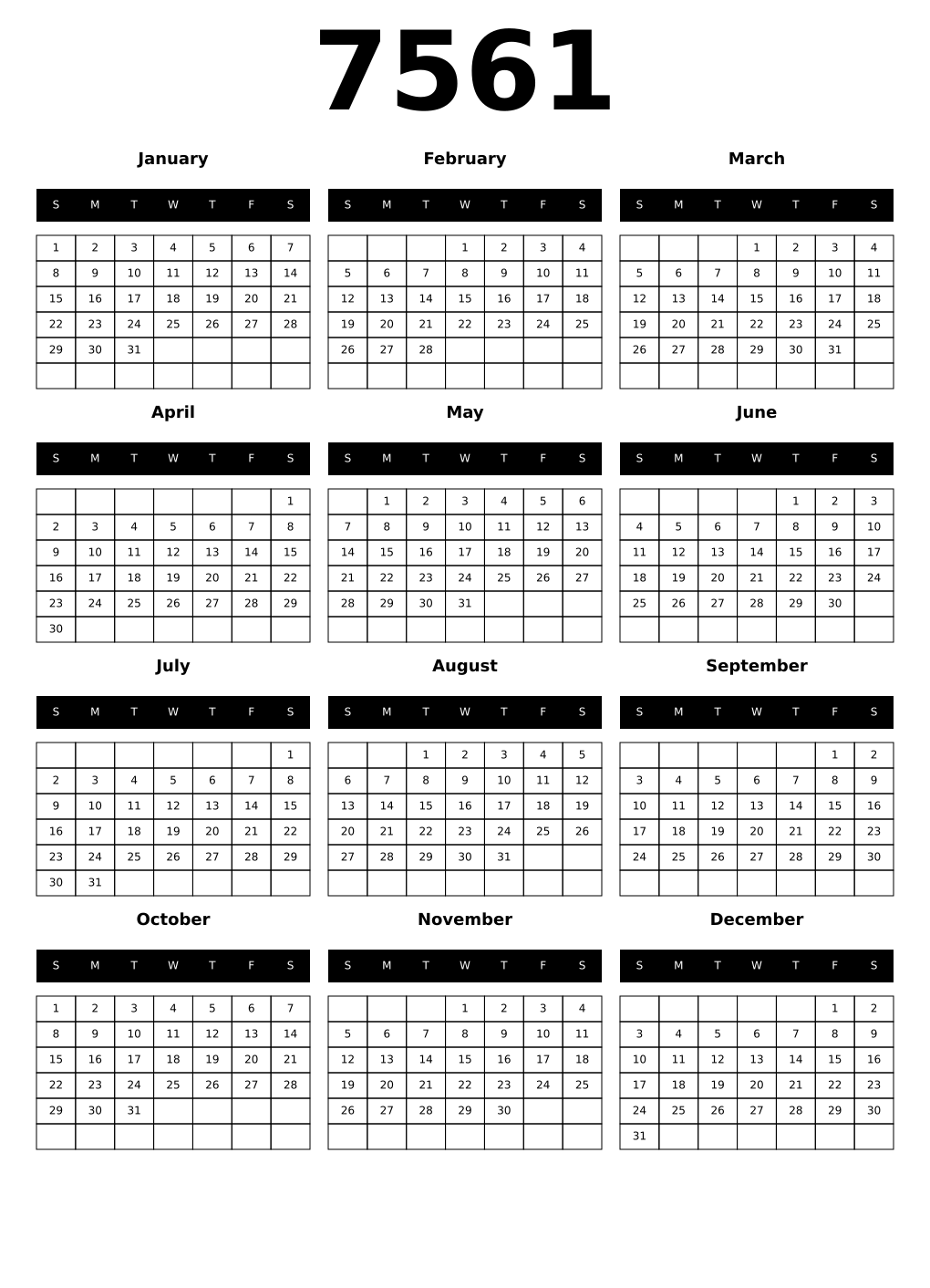 Printable 7561 Calendars