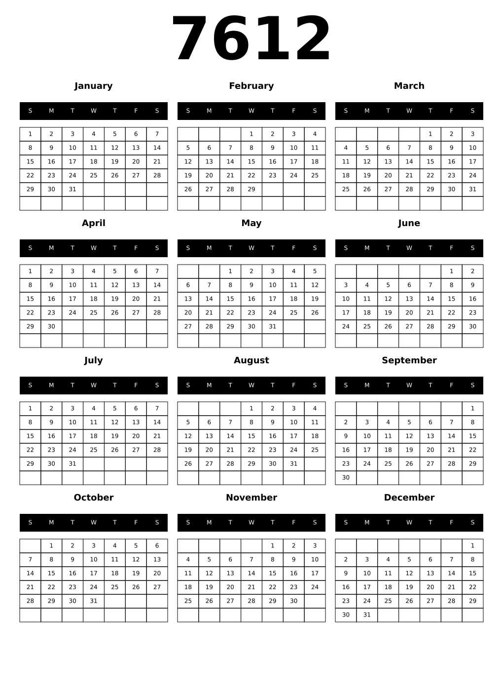 Printable 7612 Calendars