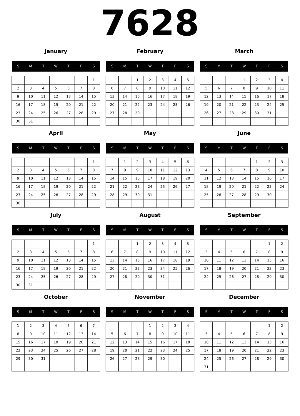 Printable 7628 Calendars