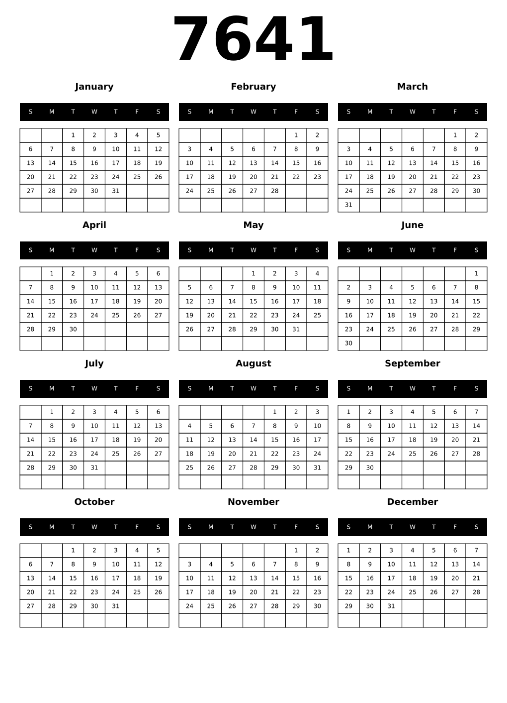 Printable 7641 Calendars