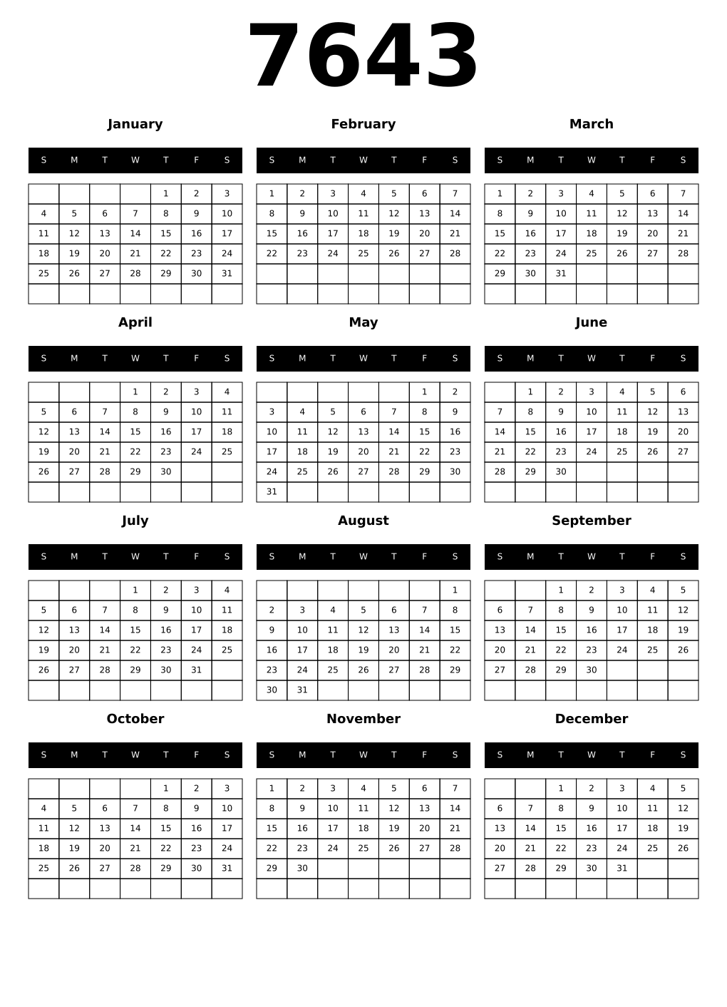 Printable 7643 Calendars