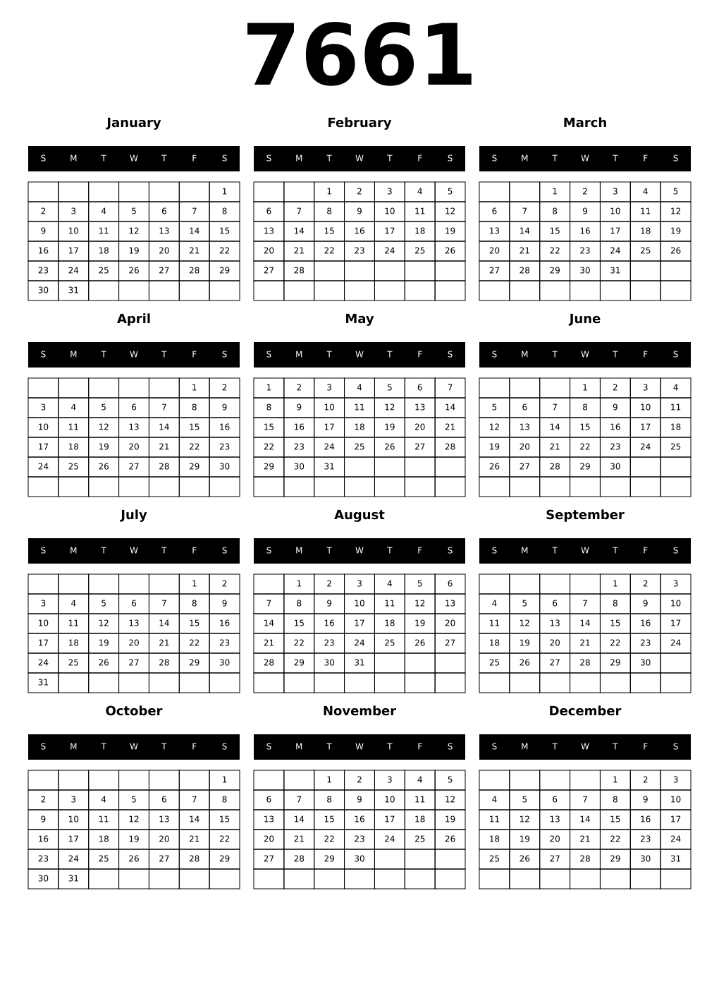 Printable 7661 Calendars