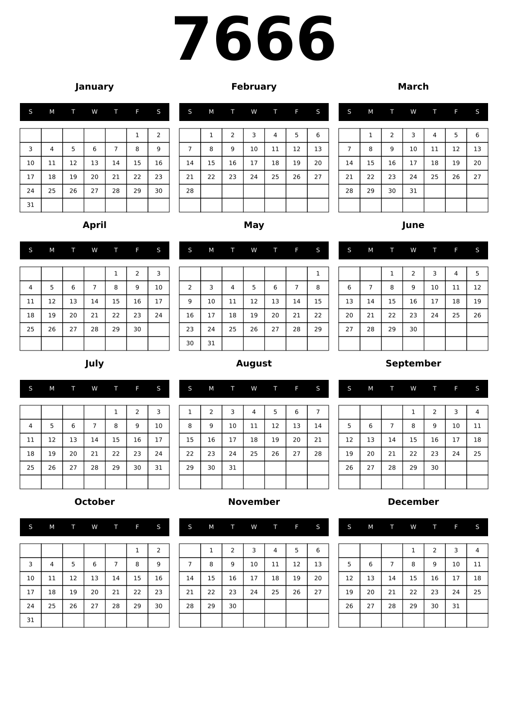 Printable 7666 Calendars