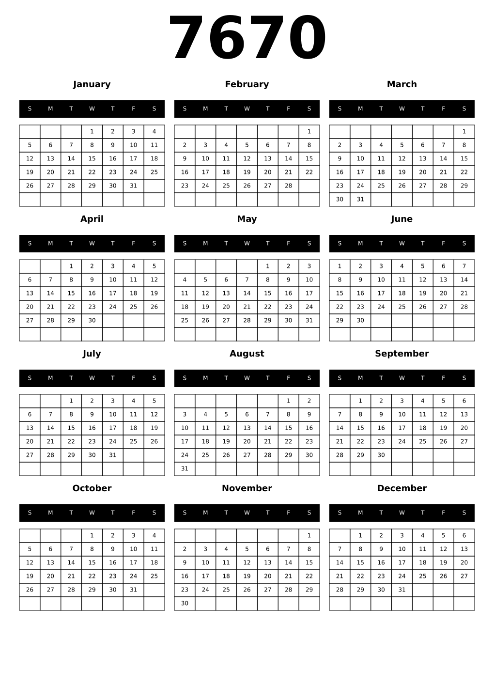 Printable 7670 Calendars