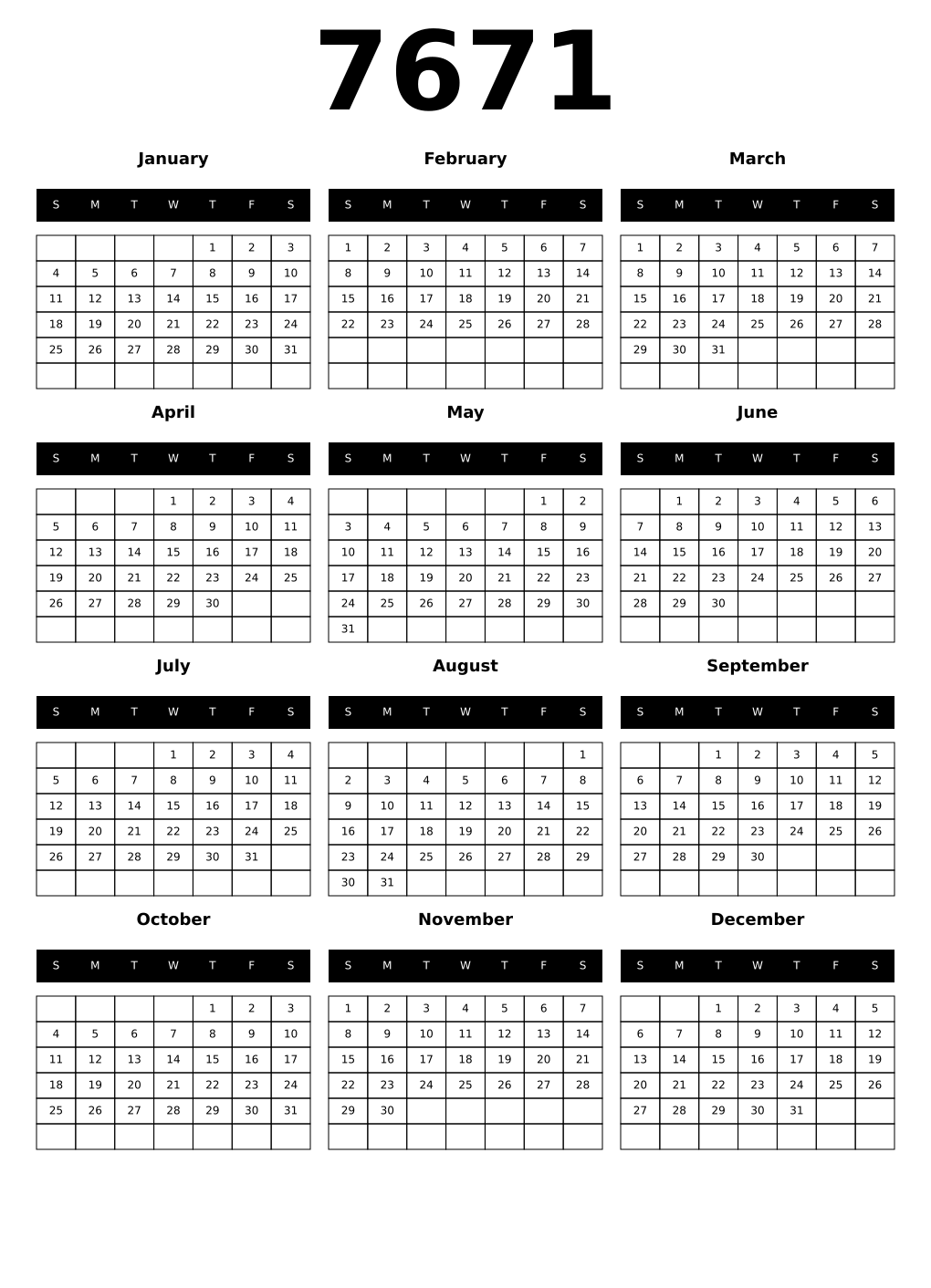 Printable 7671 Calendars