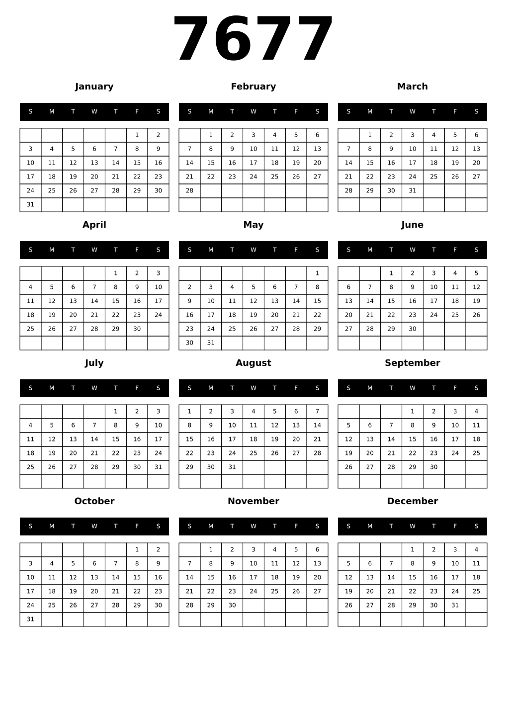 Printable 7677 Calendars