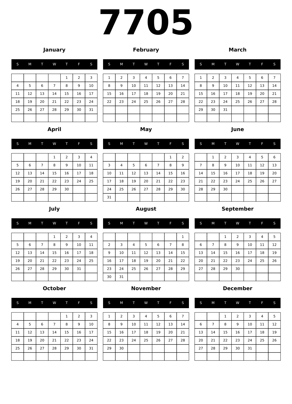 Printable 7705 Calendars